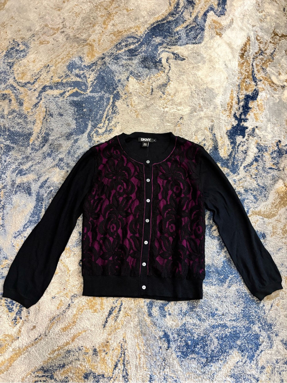 DKNY Black Cardigan with Purple Lace Overlay